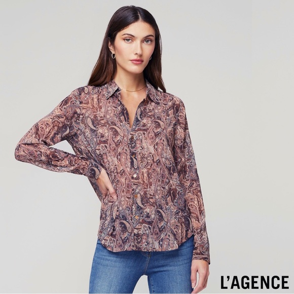 L’AGENCE **NWT** Laurent Blouse In Brown Multi Neutral Paisley - Picture 10 of 12